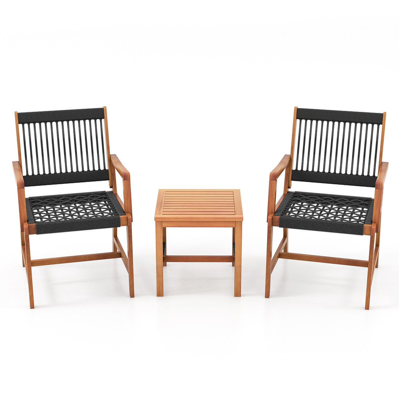 Patio Conversation Set 2 Chairs 1 Table Black Natural Acacia Wood Rope Design